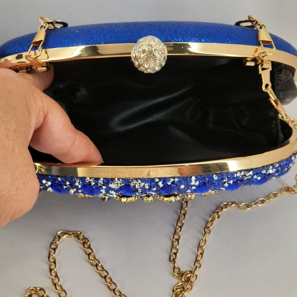 Blue Crystal Embellished Evening Clutch Bag Gold Handle & Chain Strap By RAMLA! - Picture 7 of 11